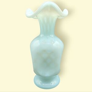 Fenton Diamond Optic Blue Satin Glass, Pinched Sides. 1950's to 1960's, 7" Tall.